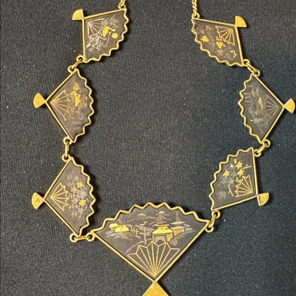 Japanese Amita Damascene fan shaped necklace,